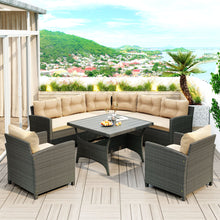 Load image into Gallery viewer, GO 6-Piece Outdoor Wicker Sofa Set, Patio Rattan Dinning Set, Sectional Sofa with Thick Cushions and Pillows, Plywood Table Top, For Garden, Yard, Deck. (Gray Wicker, Beige Cushion)
