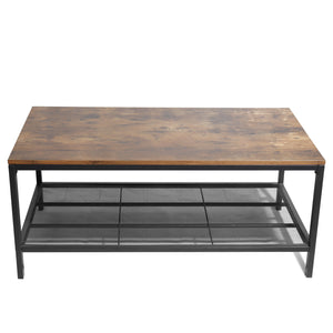 Industrial coffee table, 2nd floor cocktail table, metal frame living room sofa table, wooden exterior household storage accent furniture, easy to assemble, brown