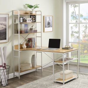 Home Office computer desk——Steel frame and MDF board/5 tier open bookshelf/Plenty storage space(Nature)