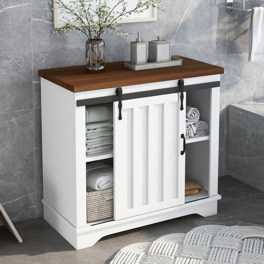 Bathroom Storage Cabinet, Freestanding Accent Cabinet, Sliding Barn Door, Thick Top, Adjustable Shelf, White and Brown