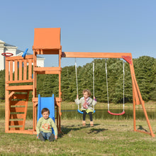 Load image into Gallery viewer, Wooden Swing Set with Slide, Climbing wall, Sandbox and Wood Roof, Outdoor Playhouse Backyard Activity Playground Playset for Toddlers
