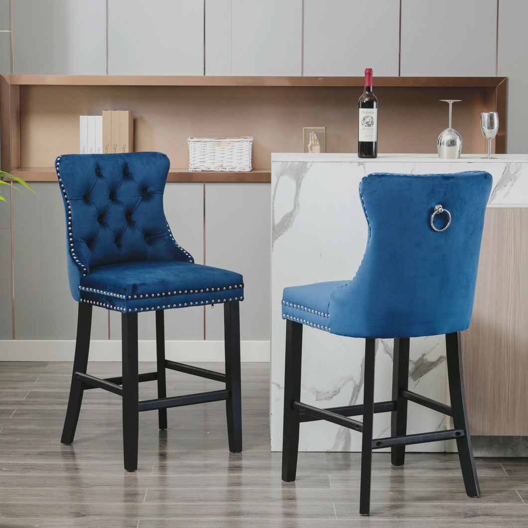 A&A Furniture,Contemporary Velvet Upholstered Barstools with Button Tufted Decoration and Wooden Legs, and Chrome Nailhead Trim, Leisure Style Bar Chairs,Bar stools, Set of 2 (Blue)