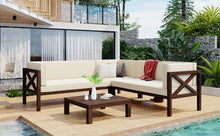 Load image into Gallery viewer, TOPMAX Outdoor Wood Patio Backyard 4-Piece Sectional Seating Group with Cushions and Table X-Back Sofa Set for Small Places, Brown Finish+Beige Cushions
