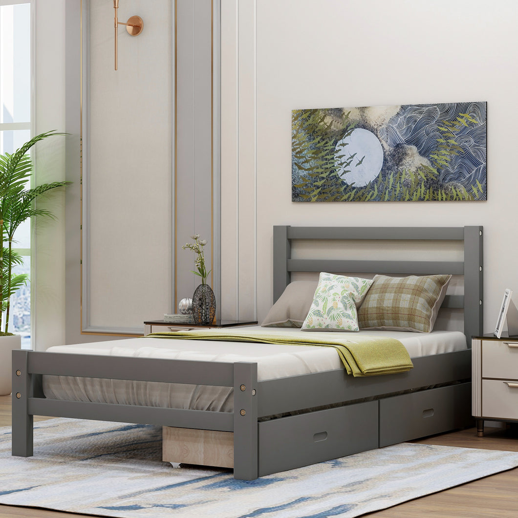 Wood platform bed with two drawers, twin (gray)