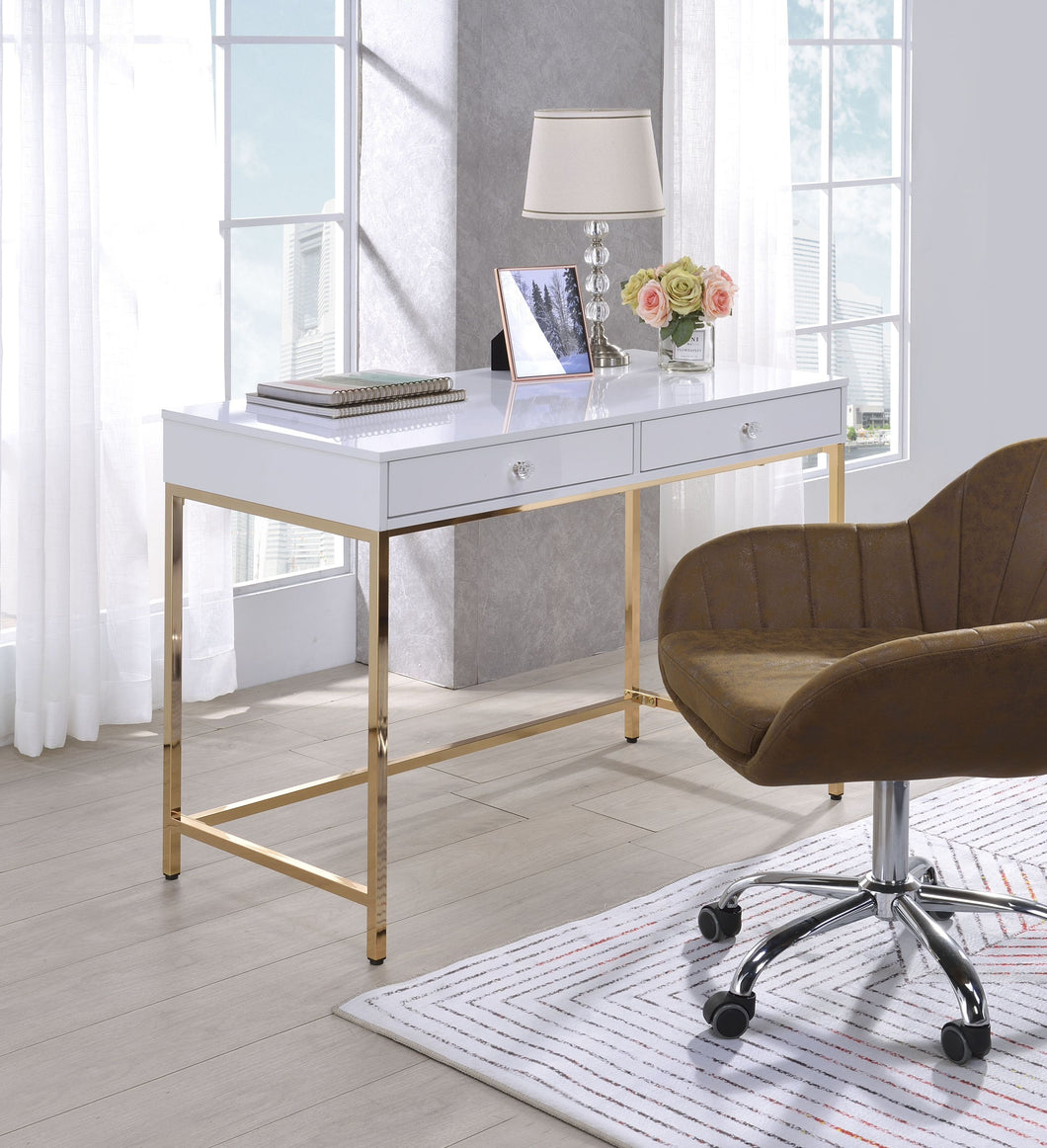 ACME Ottey Vanity Desk  in White High Gloss & Gold Finish AC00899