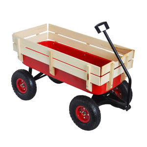 Outdoor Wagon All Terrain Pulling w/Wood Railing Air Tires Children Kid Garden（Red）