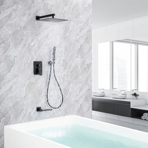 Rainfall 10 inch Shower System Bathroom Luxury Rain Mixer Silver Shower Combo Set Wall Mounted Shower Head Systems with High Pressure Head Hand Held Square Shower Head Polished Chrome Rough-in Valve