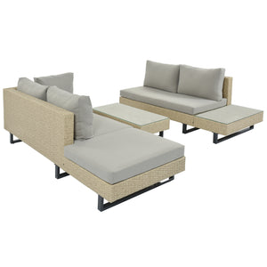 GO 3-piece Outdoor Wicker Sofa Patio Furniture Set, L-shaped Corner Sofa, Water And UV Protected, Two Glass Table, Adjustable Feet And 3.1" Thicker Cushion, Light Gray Cushion and Beige Wicker