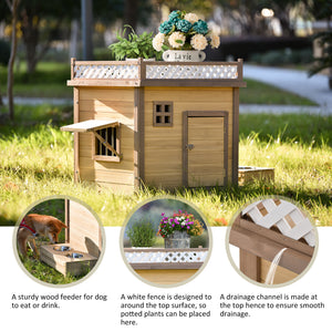31.5” Wooden Dog House Puppy Shelter Kennel Outdoor & Indoor Dog crate, with Flower Stand, Plant Stand, With Wood Feeder