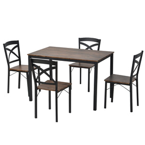 TREXM 5-Piece Industrial Wooden Dining Set with Metal Frame and 4 Ergonomic Chairs, Brown