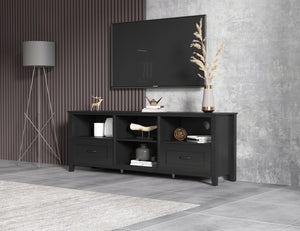 70.08 Inch Length Black TV Stand for Living Room and Bedroom, with 2 Drawers and 4 High-Capacity Storage Compartment.