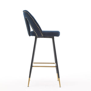 A&A Furniture,Akoya Collection Modern | Contemporary Velvet Upholstered Connor 28" Bar Stool & Counter Stools with Nailheads and Gold Tipped Black Metal Legs,Set of 2 (Blue)