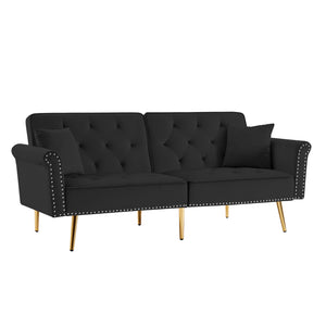 Modern Velvet Tufted Sofa Couch with 2 Pillows and Nailhead Trim, Loveseat Sofa Futon Sofa Bed with Metal Legs  for Living Room.