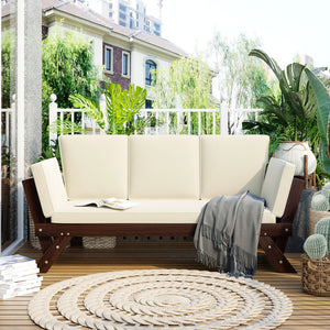 TOPMAX Outdoor Adjustable Patio Wooden Daybed Sofa Chaise Lounge with Cushions for Small Places, Brown Finish+Beige Cushion