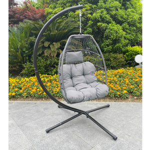 Outdoor Patio Wicker Folding Hanging Chair,Rattan Swing Hammock Egg Chair With C Type Bracket, With Cushion And Pillow