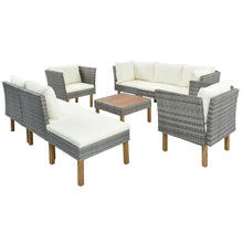 Load image into Gallery viewer, GO 9-Piece Outdoor Patio Garden Wicker Sofa Set, Gray PE Rattan Sofa Set, with Wood Legs, Acacia Wood Tabletop, Armrest Chairs with Beige Cushions
