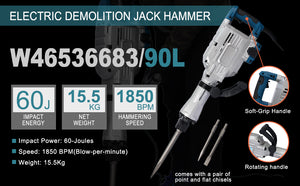 1700W 1900 BPM Electric Demolition Jack Hammer 1-1/8 Inch SDS-Hex Heavy Duty Concrete Pavement Breaker Drills Kit