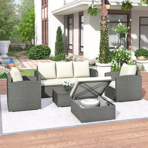 TOPMAX Outdoor Patio 5-Piece All-Weather PE Wicker Rattan Sectional Sofa Set with Multifunctional Table and Ottoman, Gray Wicker+ Beige Cushion