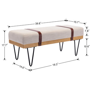 Linen Fabric soft cushion Upholstered solid wood frame Rectangle bed bench with powder coating metal legs ,Entryway footstool