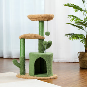 Cat Tree 32 Inches Cactus Cat Tower with Sisal Covered Scratching Post, Cozy Condo, Plush Perches and Fluffy Balls for Indoor Cats Green