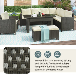 U_STYLE Patio Furniture Set, 6 Piece Outdoor Conversation Set, Dining Table Chair with Bench and Cushions