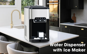 3 in 1 Water Dispenser with Ice Maker Countertop, Portable Water Cooler, Quick 6 Mins Ice-making, Hot & Cold Water and Ice, Top Loading or Bottleless, Stainless Steel