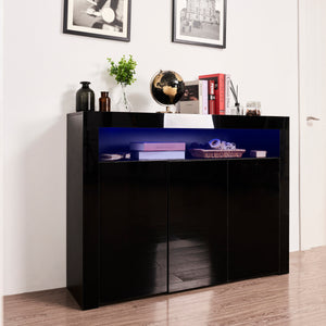 Living Room Sideboard Storage Cabinet Black High Gloss with LED Light, Modern Kitchen Unit Cupboard Buffet Wooden Storage Display Cabinet TV Stand with 3 Doors for Hallway Dining Room