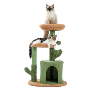 Cat Tree 32 Inches Cactus Cat Tower with Sisal Covered Scratching Post, Cozy Condo, Plush Perches and Fluffy Balls for Indoor Cats Green