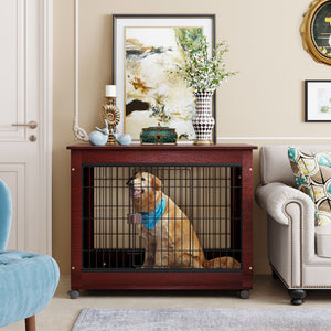 39” Length Furniture Style Pet Dog Crate Cage End Table with Wooden Structure and Iron Wire and Lockable Caters, Medium and Large Dog House Indoor Use.