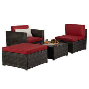 Beefurni Outdoor Garden Patio Furniture 4-Piece Gray PE Rattan Wicker Sectional Red Cushioned Sofa Sets with 1 Beige Pillow