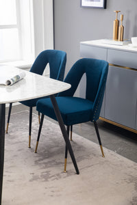 A&A Furniture,Akoya Collection Modern | Contemporary Velvet Upholstered Dining Chair with Nailheads and Gold Tipped Black Metal Legs,Blue,Set of 2