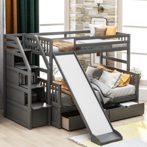 Twin over Full Bunk Bed with Drawers,Storage and Slide, Multifunction, Gray（New）