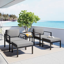 Load image into Gallery viewer, TOPMAX Outdoor Patio 5-piece Aluminum Alloy Conversation Set Sofa Set with Coffee Table and Stools for Poolside, Garden,Black Frame+Gray Cushion
