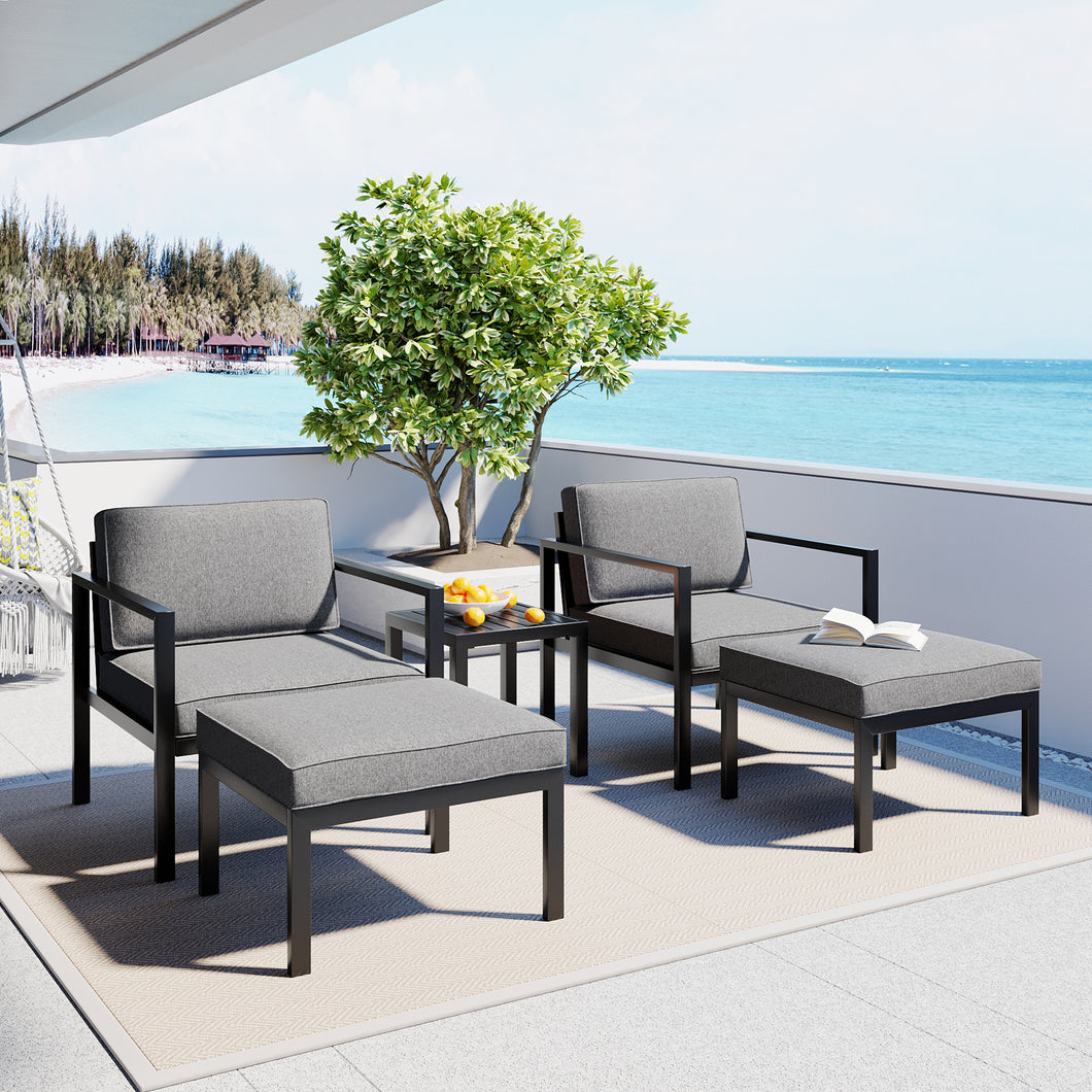 TOPMAX Outdoor Patio 5-piece Aluminum Alloy Conversation Set Sofa Set with Coffee Table and Stools for Poolside, Garden,Black Frame+Gray Cushion
