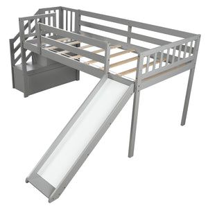 Twin Size Low Loft Bed with Adjustable Slide and Staircase, Gray（New）