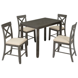 TOPMAX Wood 5-Piece Counter Height Dining Table Set with 4 Upholstered Chairs, Gray