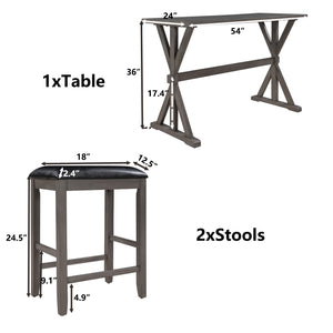 TOPMAX 3-Piece Counter Height Wood Kitchen Dining Table Set with 2 Stools for Small Places, Gray Finish+Black Cushion