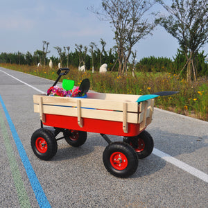 Outdoor Wagon All Terrain Pulling w/Wood Railing Air Tires Children Kid Garden（Red）