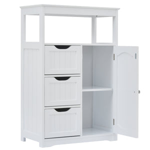 White Bathroom Cabinet, Freestanding Multi-Functional Storage Cabinet with Door and 3 Drawers, MDF Board with Painted Finish