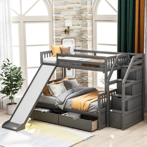Twin over Full Bunk Bed with Drawers,Storage and Slide, Multifunction, Gray（New）