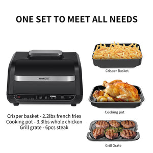 Geek Chef Airocook Smart 7-in-1 Indoor Electric Grill Air Fryer Family Large Capacity with Air Crisp Dehydrate Roast Bake Broil Pizza and Cyclonic Grilling Technology Countertop Grill Stainless Steel