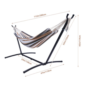 Double Classic Hammock with Stand for 2 Person- Indoor or Outdoor Use-with Carrying Pouch-Powder-coated Steel Frame - Durable 450 Pound Capacity，Brown/Gray Striped