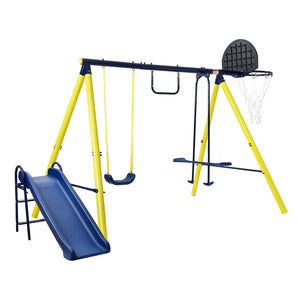 5 in 1 Outdoor Tolddler Swing Set for Backyard, Playground Swing Sets with Steel Frame, Swing n\' Silde Playset for Kids with Seesaw Swing, Basketball Hoop