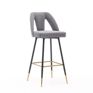 A&A Furniture,Akoya Collection Modern | Contemporary Velvet Upholstered Connor 28" Bar Stool & Counter Stools with Nailheads and Gold Tipped Black Metal Legs,Set of 2 (Gray)
