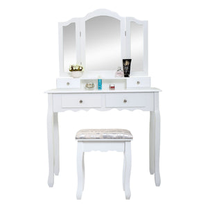Makeup Vanity Table with Mirror, Wooden Dresser With Stool & 4 Drawers