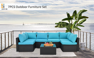 LAUSAINT HOME 7 Pieces Patio Furniture Sets,Luxury Outdoor All Weather PE Rattan Wicker Lawn Conversation Sets,Garden Sofa Set w/Coffee Table and Couch Cushions for Backyard, Pool (Blue-7PCS)