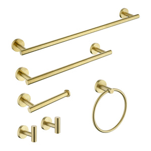 6-Pieces Brushed Gold Bathroom Hardware Set SUS304 Stainless Steel Round Wall Mounted Includes Hand Towel Bar,Toilet Paper Holder,Robe Towel Hooks,Bathroom Accessories Kit