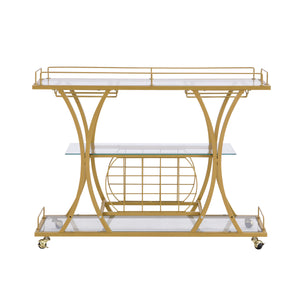 Golden Bar Cart with Wine Rack Tempered Glass Metal Frame Wine Storage