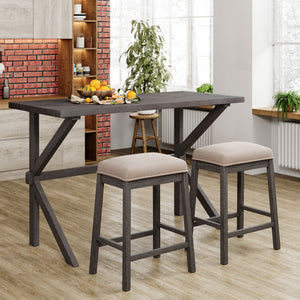 TOPMAX Farmhouse Rustic 3-piece Counter Height Wood Kitchen Dining Table Set with 2 Stools for Small Places, Gray+Beige Cushion