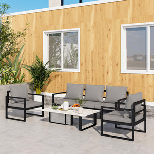 Outdoor Patio Furniture Sets,  Conversation Set Modern Black Metal Sectional Sofa with Grey Cushion